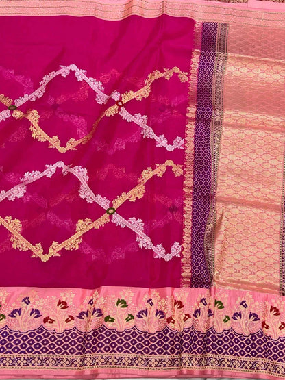 Rani Pink Pure Kora Silk Handwoven | Kadhwa Technique | Authentic Banarasi Saree