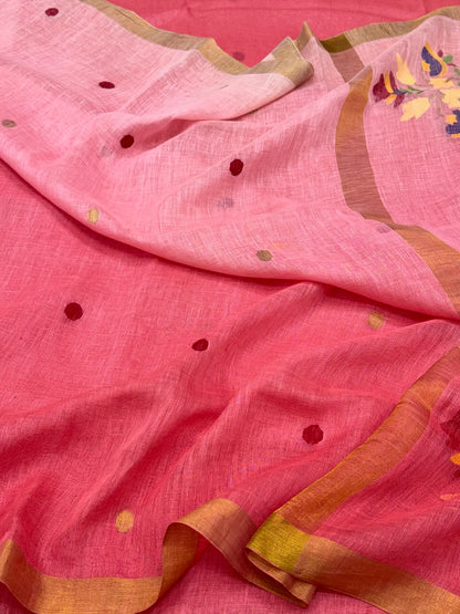 Pink Dual Tone Pure Linen Handwoven | Kadhwa Technique | Banarasi Saree
