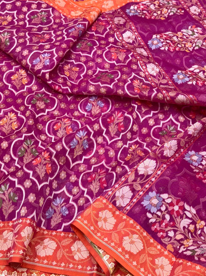 Magenta Pure Kora Ektara Silk Handloom Banarasi Saree
