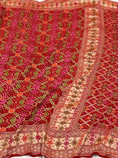 Red Pure Chiffon Georgette Handloom Banarasi Gharchola Bandhej Soft Drape Lightweight Saree