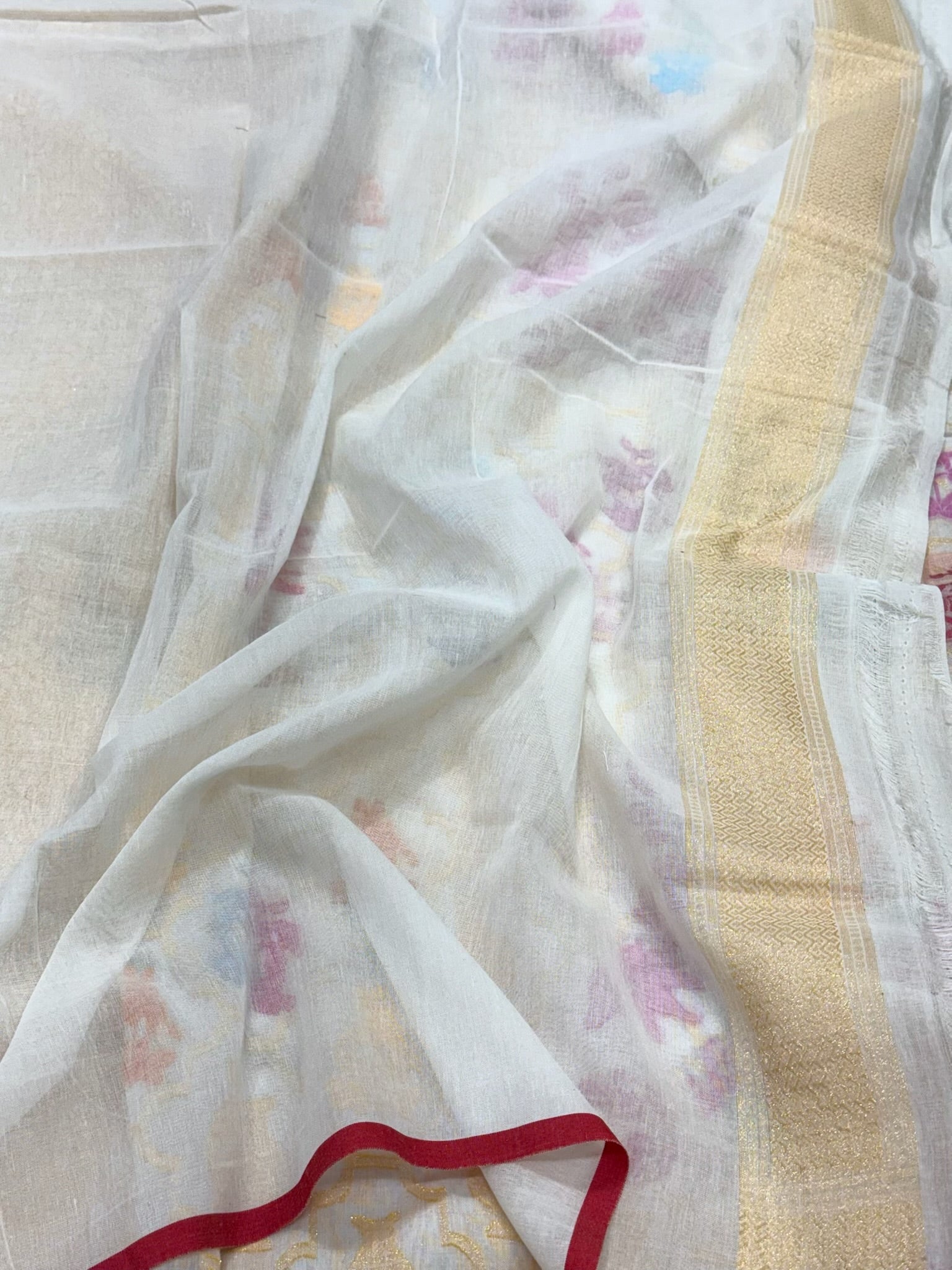 White Pure Muslin Cotton Jamdani | Ektara Weave | Handloom Banarasi Saree