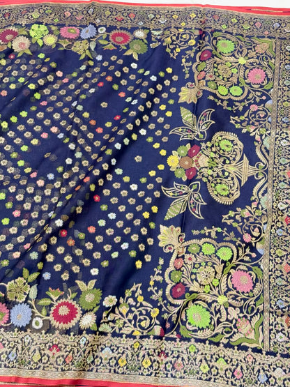 Navy Blue Pure Kora Silk Jamdani | Ektara Technique | Handloom Banarasi Saree - The Banarasi Muse