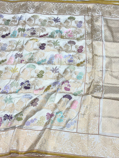 White Banarasi Handwoven Saree | Kadhwa Technique | Pure Mulberry Double Katan Silk Saree - The Statement Six Yards