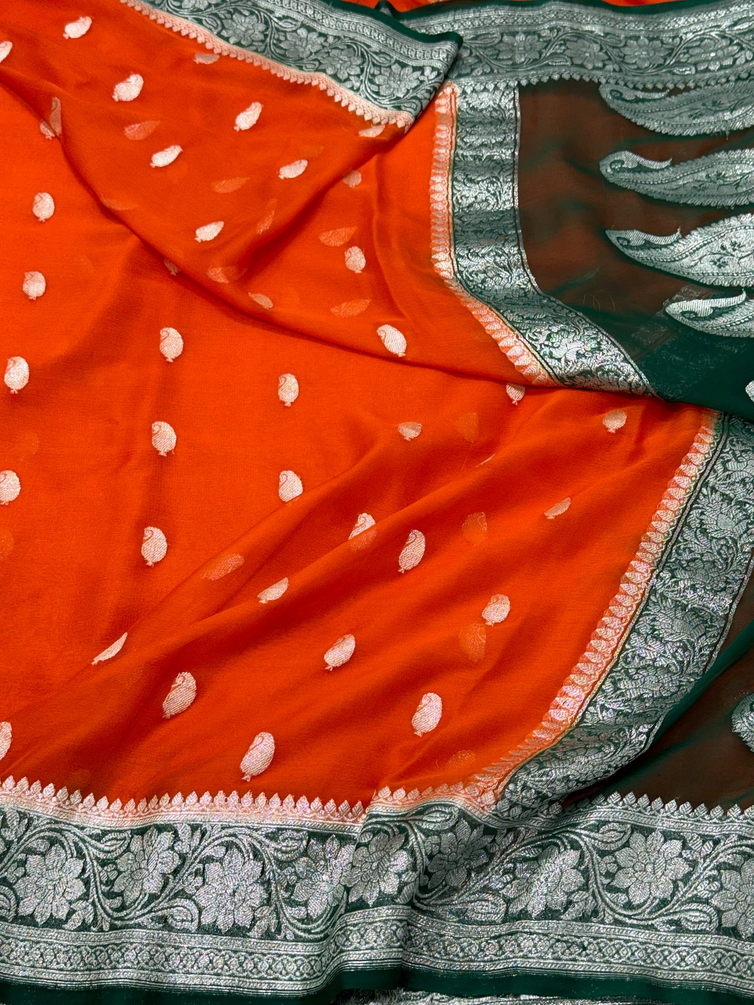 Orange Pure Chiffon Georgette Handwoven Saree