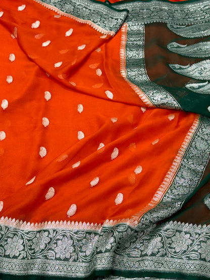 Orange Pure Chiffon Georgette Handwoven Banarasi Saree