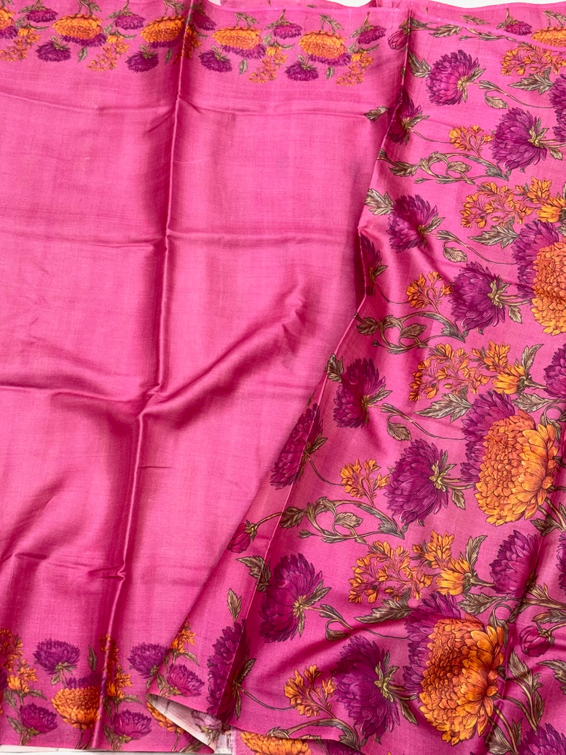 Fluorescent Pink Pure Tussar Silk Handloom Printed Banarasi Saree - Soft Lightweight Banarasi Saree