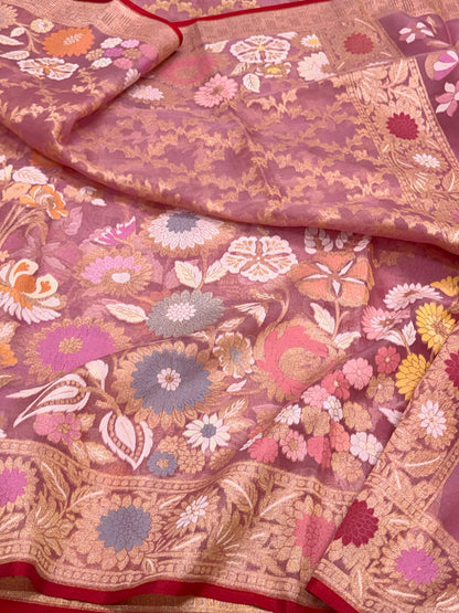 Pink Pure Mulberry Kora Silk | Ektara Technique | Jamdani Handloom Contemporary Banarasi Modern Saree