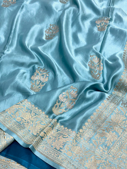 Sky Blue Pure Mashru Satin Silk Handwoven Banarasi Saree