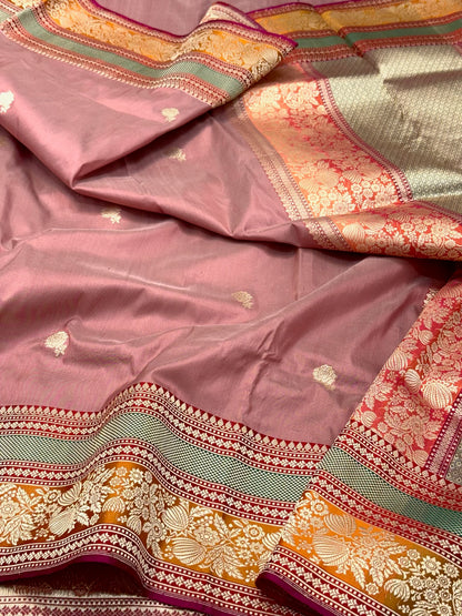 Dusty Rose Gold Pure Katan Mulberry Silk Handwoven Banarasi Saree | Kadhwa Weave