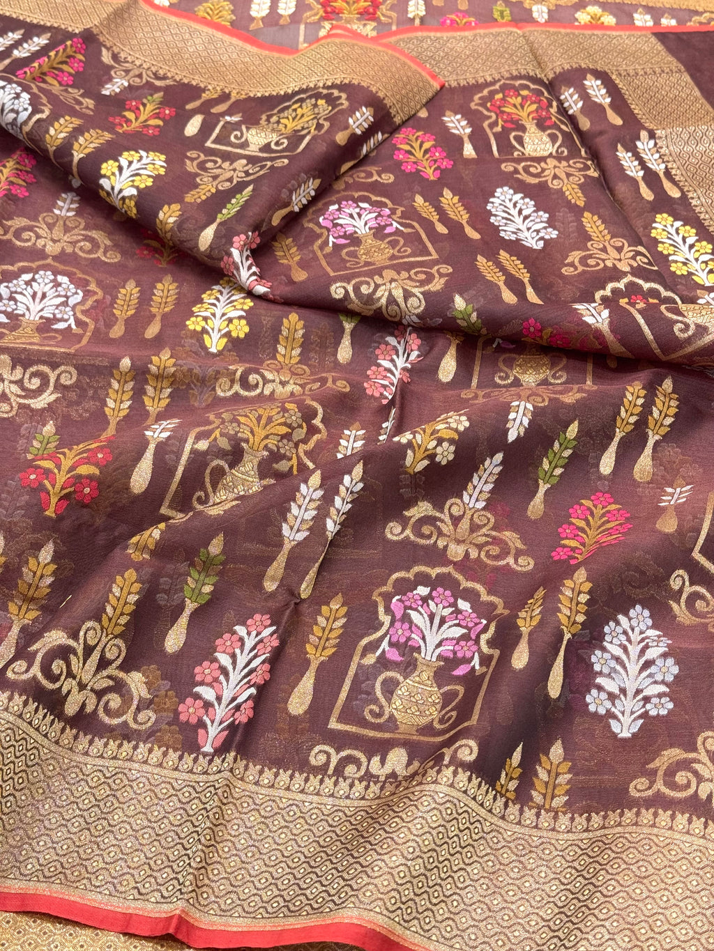 Brown Pure Kora Organza Silk Ektara Handloom Banarasi Dupatta - Jamdani