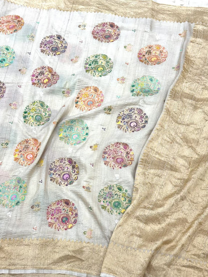 Natural Ivory Pure Tussar Georgette Silk - Kadhwa Technique Modern Masterpiece Banarasi Saree