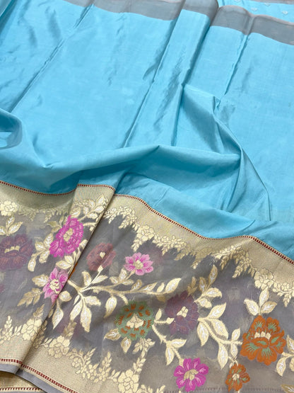 Light Blue Pure Katan Silk & Mulberry Silk Handwoven | Kadhwa Technique |Authentic Banarasi Modern Saree
