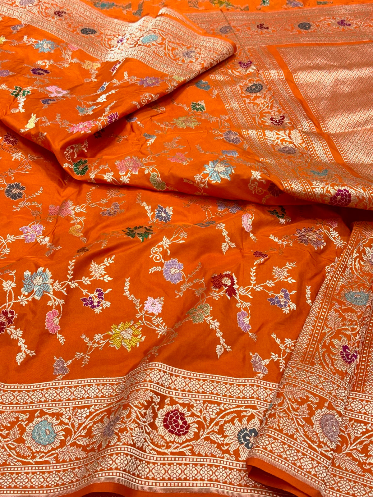Orange Handwoven Luxury Banarasi Saree - Pure Mulberry Double Katan Silk Banarasi Saree | Kadhwa Weave | The Luxe Drape