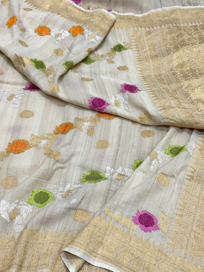 Ivory Pure Tussar Georgette Handwoven Banarasi Silk Saree