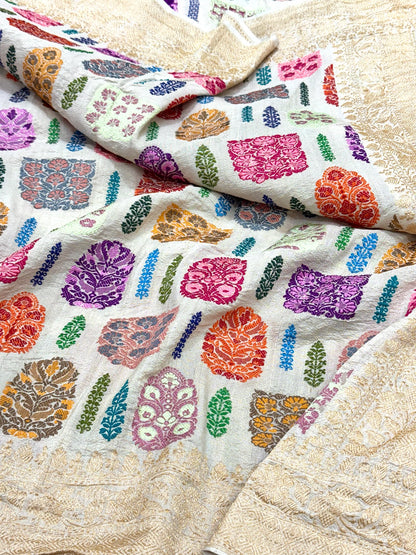 Ivory Pure Tussar Georgette Silk Saree | Kadhwa Weave | Handwoven Authentic Banarasi Saree