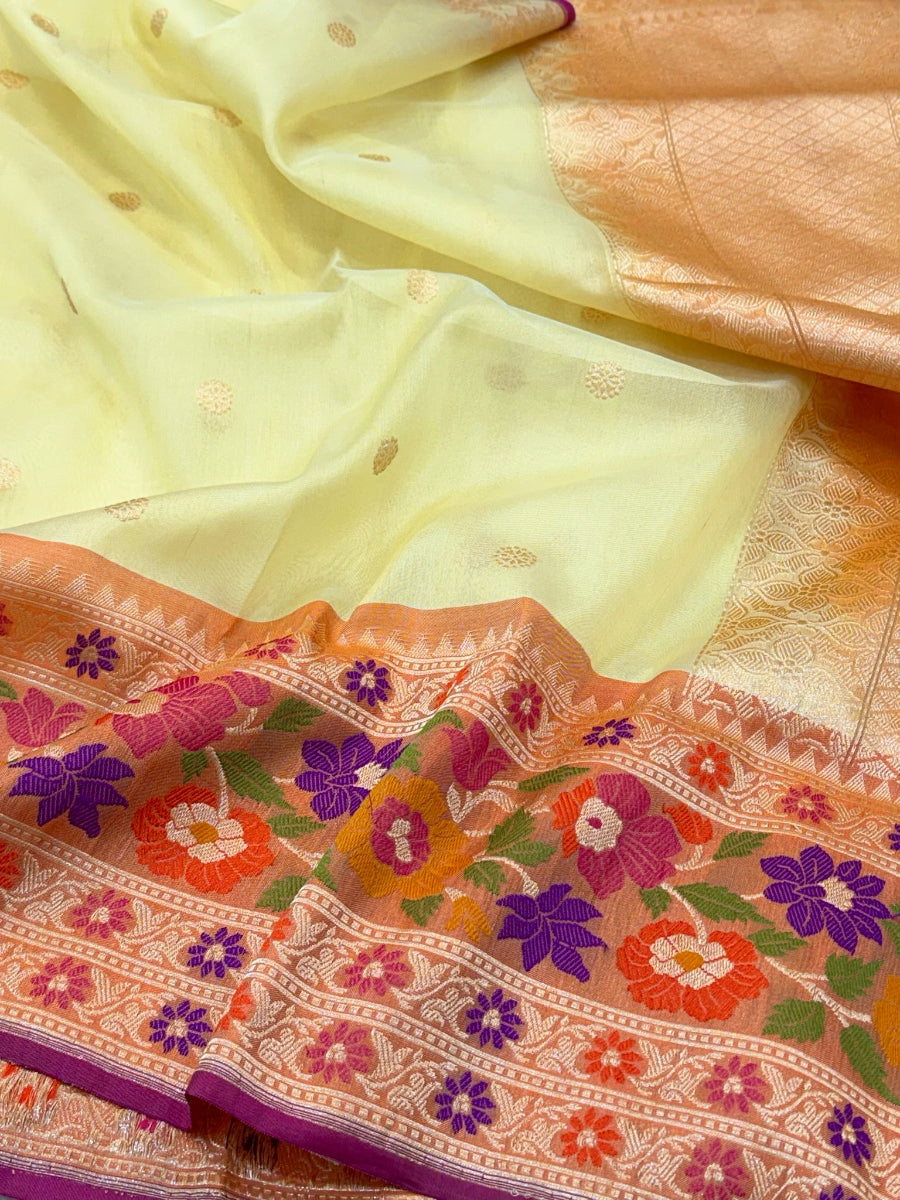 Pastel Yellow Ektara Weave Pure Kora Silk Handwoven Banarasi Saree