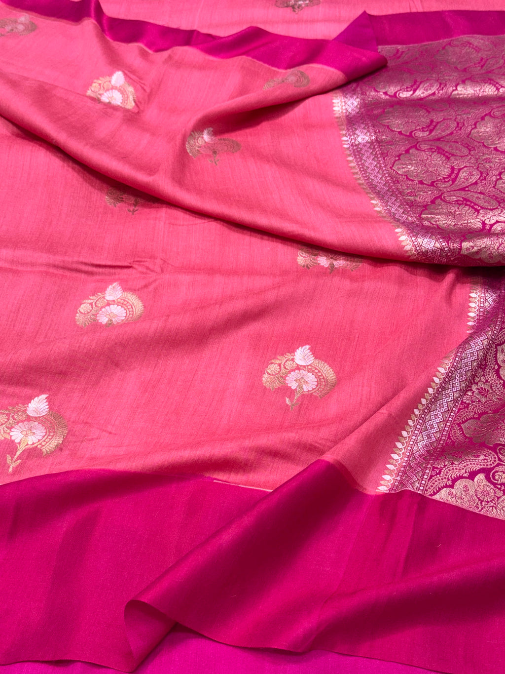 Peach Pink Pure Mulberry Muga And Satin Silk Banarasi Saree - Lightweight soft drape