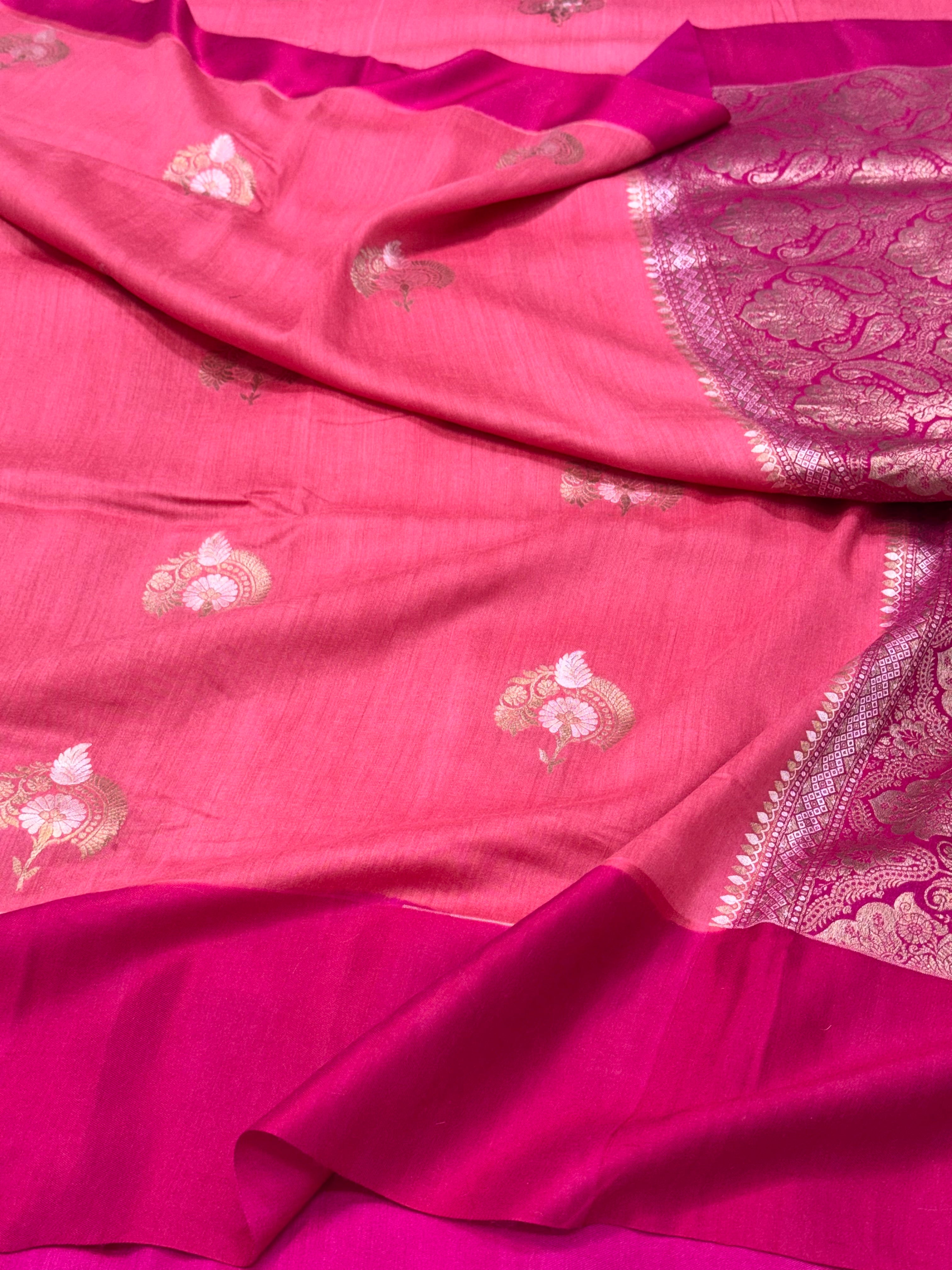 Peach Pink Pure Mulberry Muga And Satin Silk Banarasi Saree - Lightweight soft drape