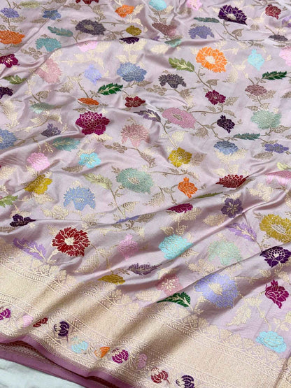Light Mauve Pink Pure Mulberry Double Katan Silk Handwoven Banarasi Saree - Authentic Banarasi Saree  | Kadhwa + Ektara Weave |
