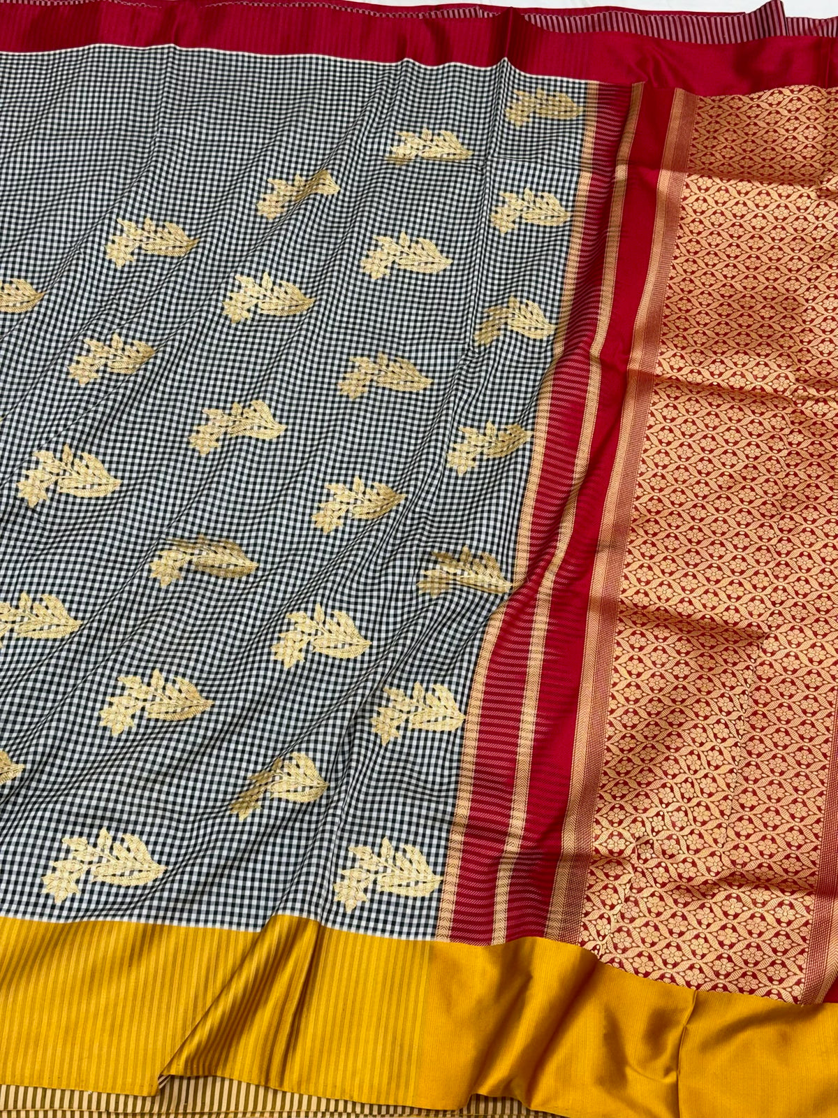 Black Pure Katan Mulberry Silk Handwoven Banarasi Saree | Kadhwa Weave Modern Contemporary Checks Saree