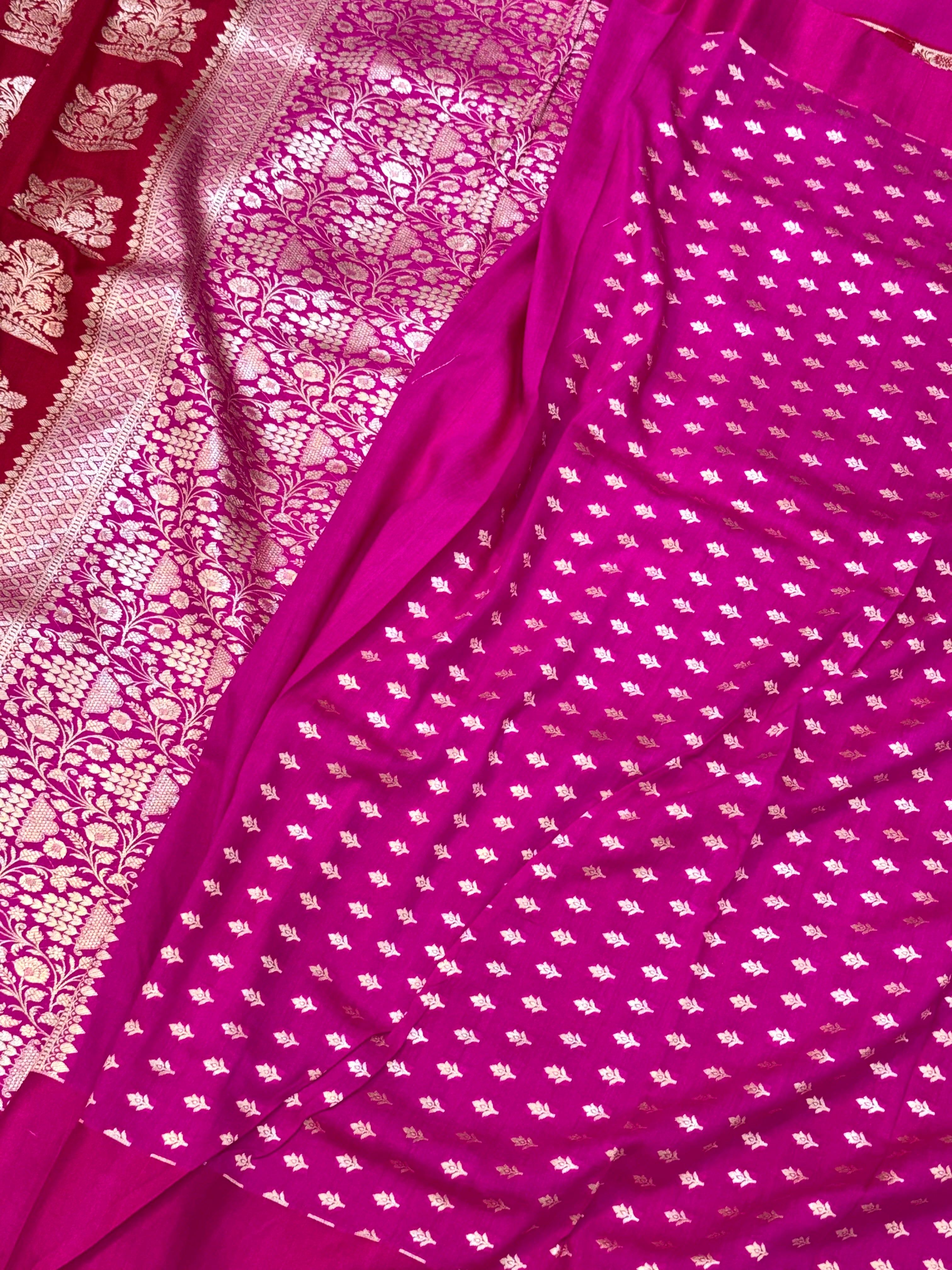 Red Pure Mulberry Muga And Satin Silk Banarasi Saree - Lightweight soft drape