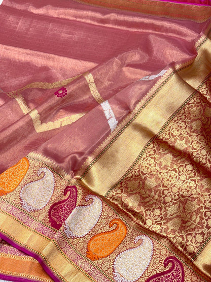 Rose Gold Pink Pure Kora Tissue Ektara Weave Handwoven Banarasi Silk Saree