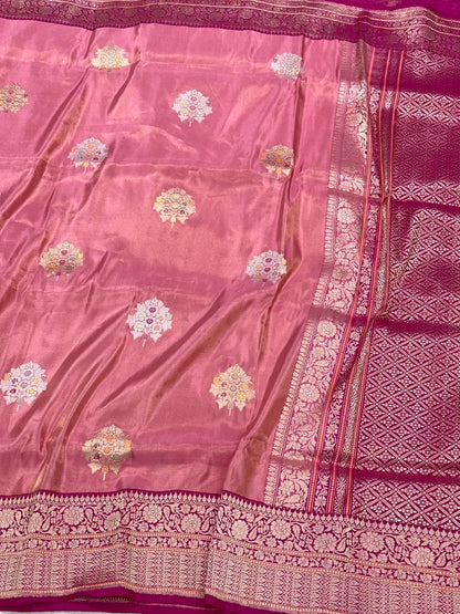 Onion Pink Pure Katan Tissue Silk | Kadhwa + Kadhiyal Technique | Handwoven Banarasi Saree - Drape Yourself In Luxury