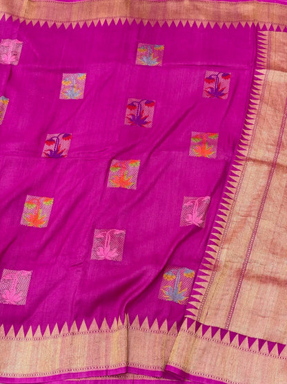 Fuchsia Pink Pure Tussar Georgette Silk Handwoven Banarasi Saree | Kadhwa Weave