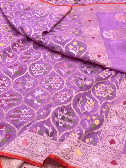 Lavender Pure Muslin Cotton Jamdani Ektara Weave Handloom Banarasi Saree