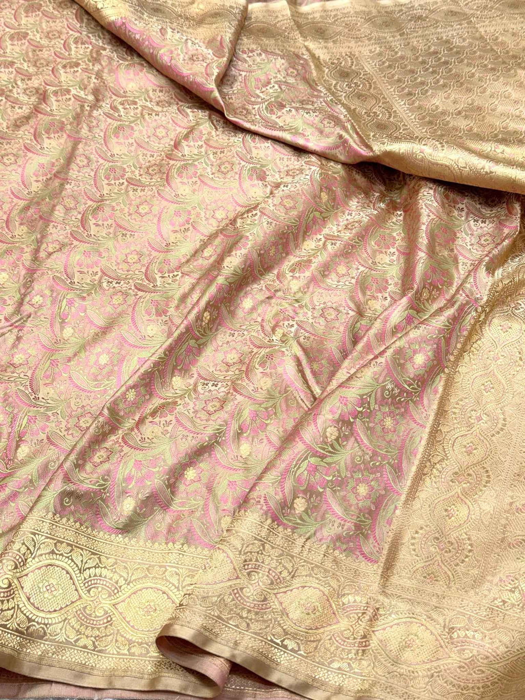 Beige Pure Satin Silk Handwoven Soft Drape Banarasi Saree