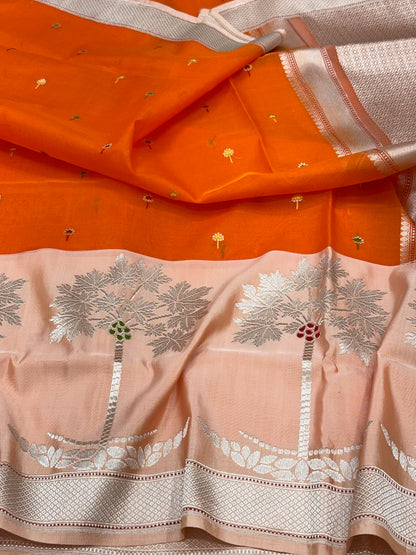 Orange Pure Kora Silk Handwoven Banarasi Saree | Authentic Banarasi Contemporary Saree