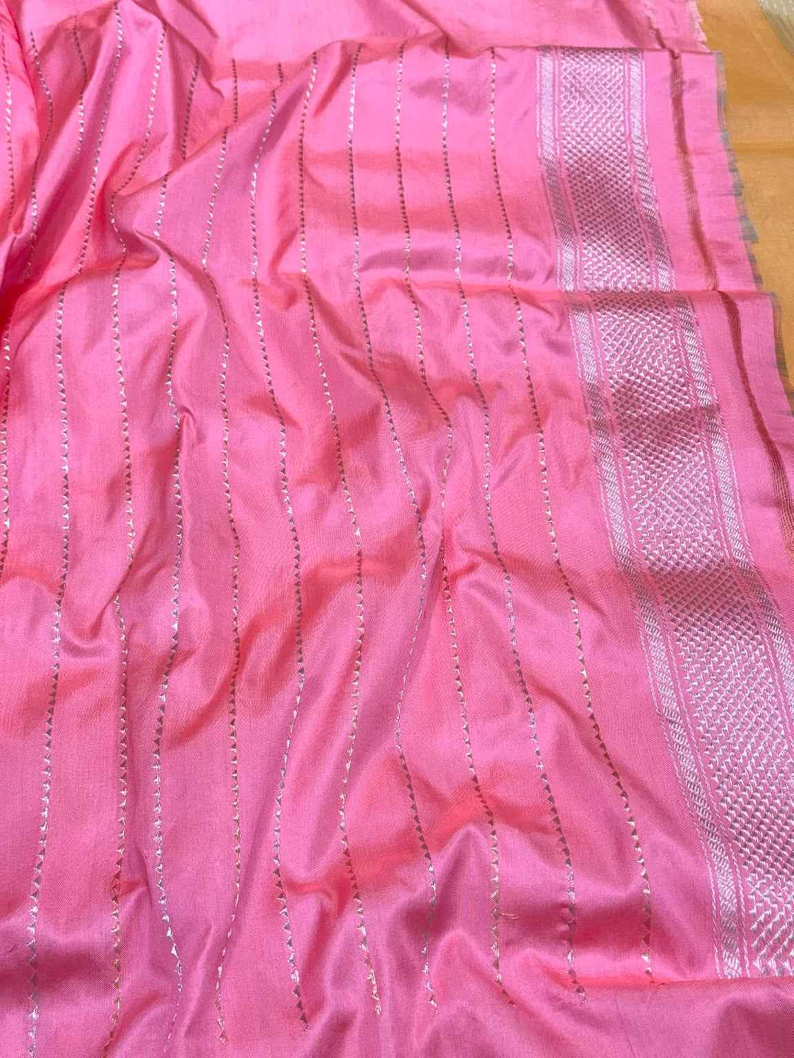 Orange Pure Kora Silk Handwoven Banarasi Saree With Kadhwa + Kadhiyal Weave