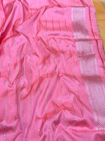 Orange Pure Kora Silk Handwoven Banarasi Saree With Kadhwa + Kadhiyal Weave