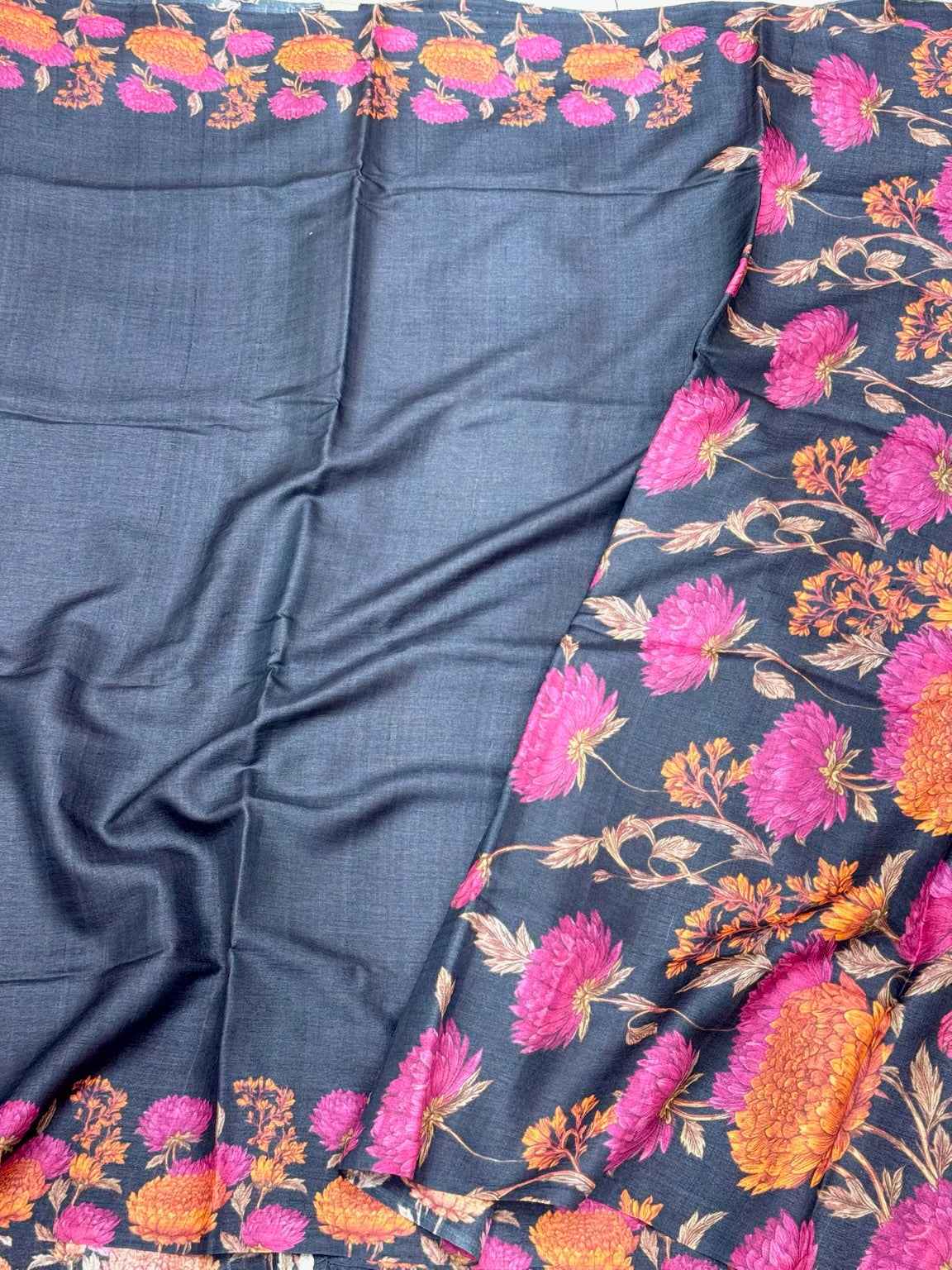 Black Pure Tussar Silk Handloom Printed Banarasi Saree - Soft Lightweight Banarasi Saree