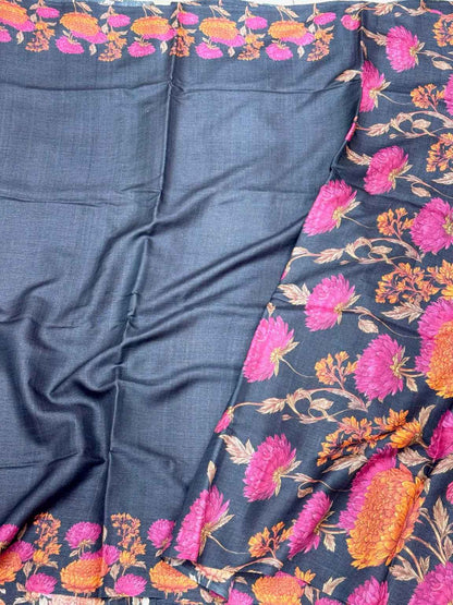 Black Pure Tussar Silk Handloom Printed Banarasi Saree - Soft Lightweight Banarasi Saree
