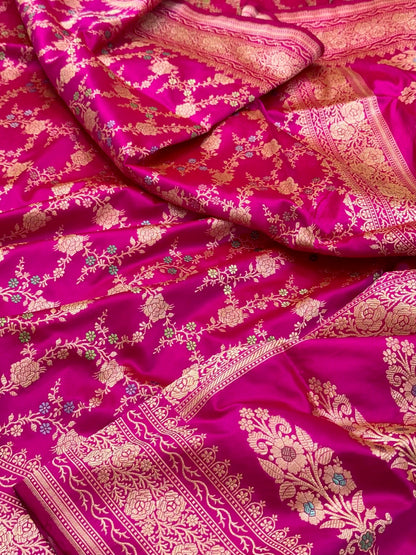 Rani Pink Pure Katan Silk Saree | Kadhwa Technique | Pure Mulberry Silk Handwoven Banarasi Silk Saree
