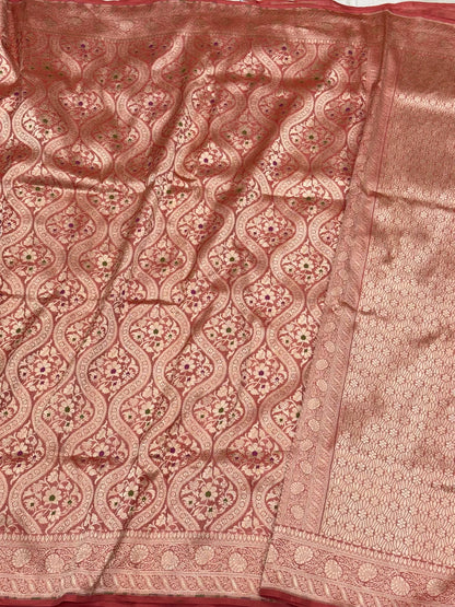 Peach Pure Mulberry Silk & Pure Katan Silk Handloom Banarasi Saree - Brocade