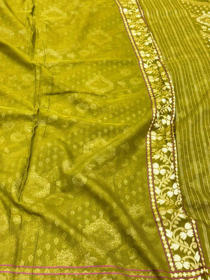 Mehendi Green Pure Muslin Cotton Jamdani - Ektara Weave Handloom Modern Banarasi Saree