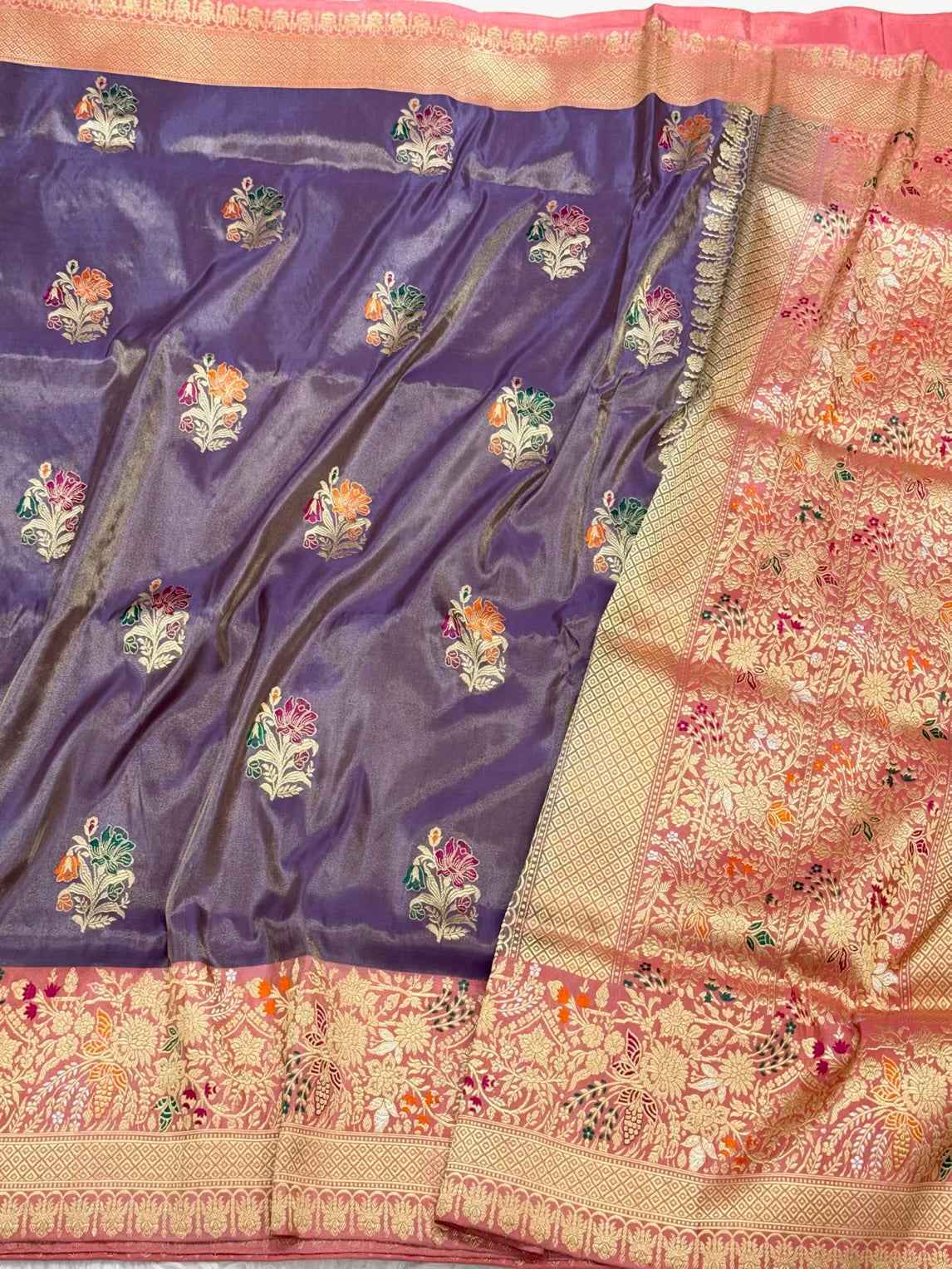 lavender Pure Double Katan Silk Saree | Kadhwa Weave | Pure Tissue Silk Handwoven Banarasi Saree