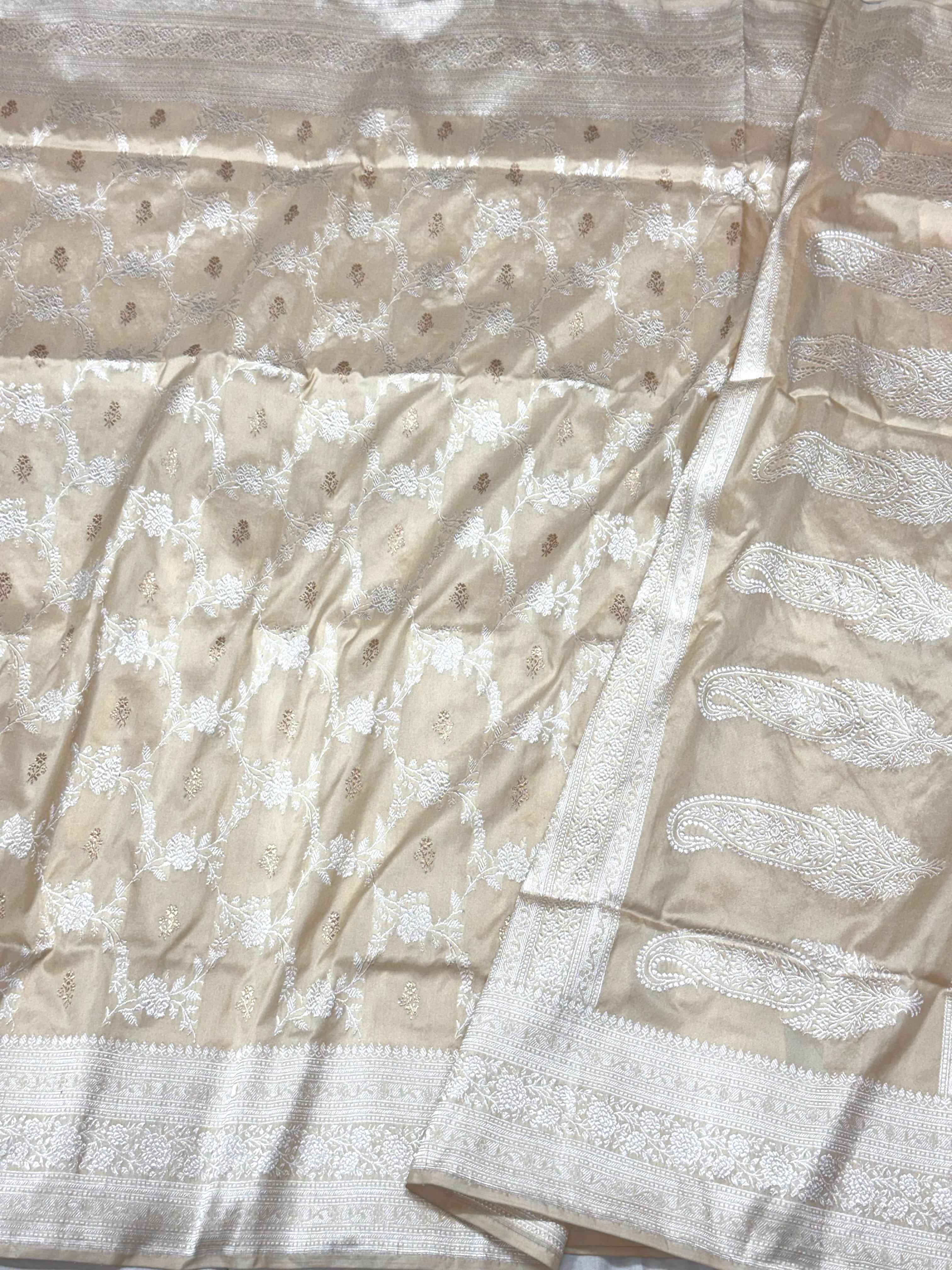 Ivory Pure Mulberry Katan Silk Handwoven Banarasi Saree