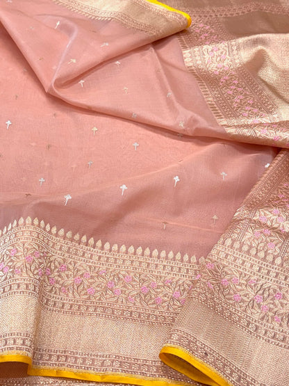 Dusty Peach Pure Kora Mulberry Silk Handwoven Banarasi Saree - The Luxe Drape