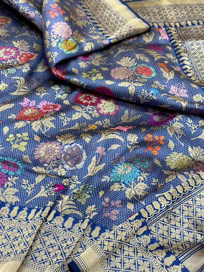 Blue Pure Katan Mulberry Silk Handwoven Banarasi Brocade Saree | Kadhwa Technique | Heritage In A New Light