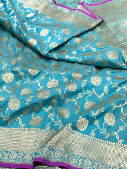 Aqua Blue Pure Mulberry Katan Silk Handloom Banarasi Saree