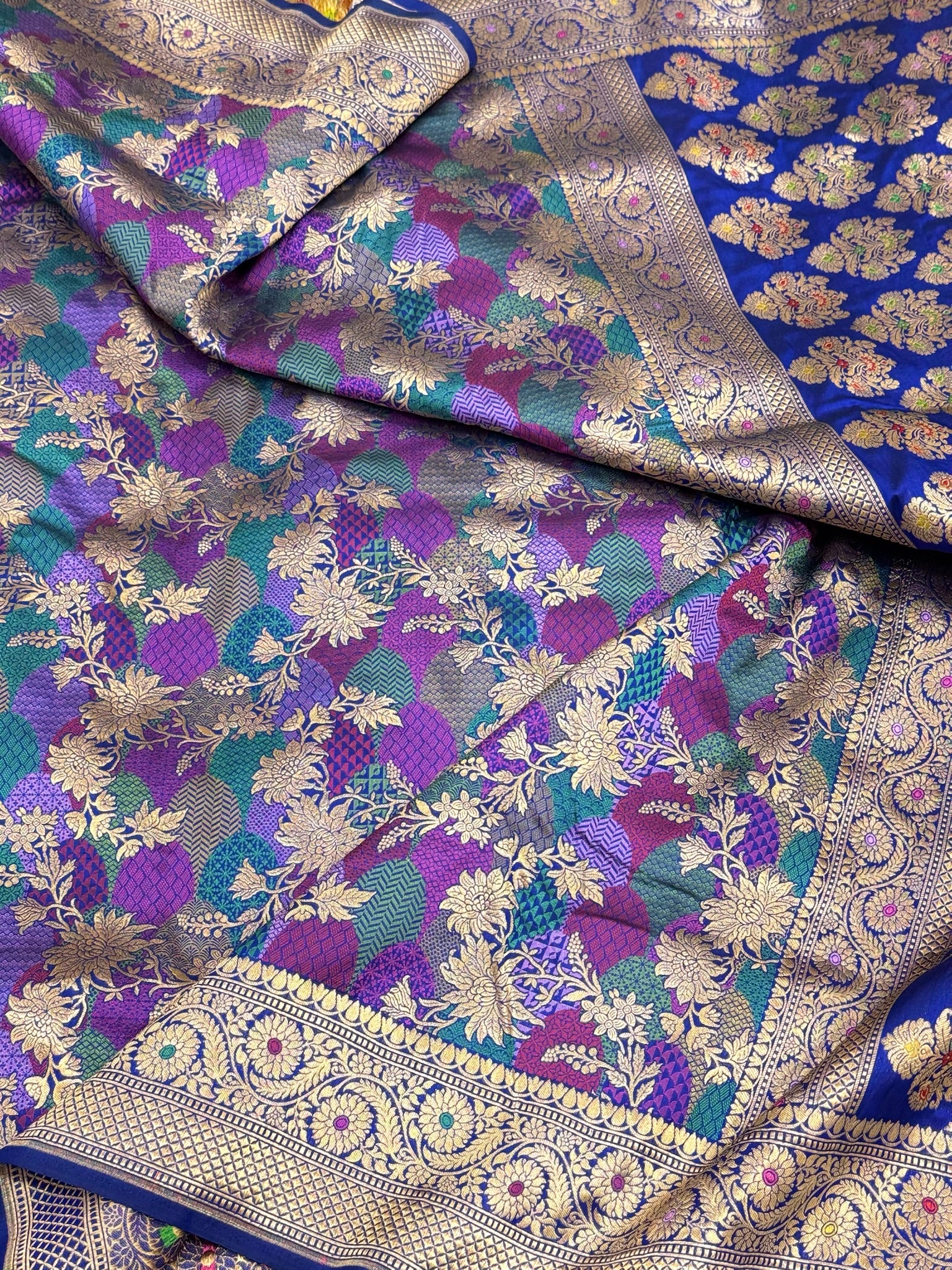 German Blue Pure Mulberry Katan Silk Handloom Banarasi Saree |Rangkaat|