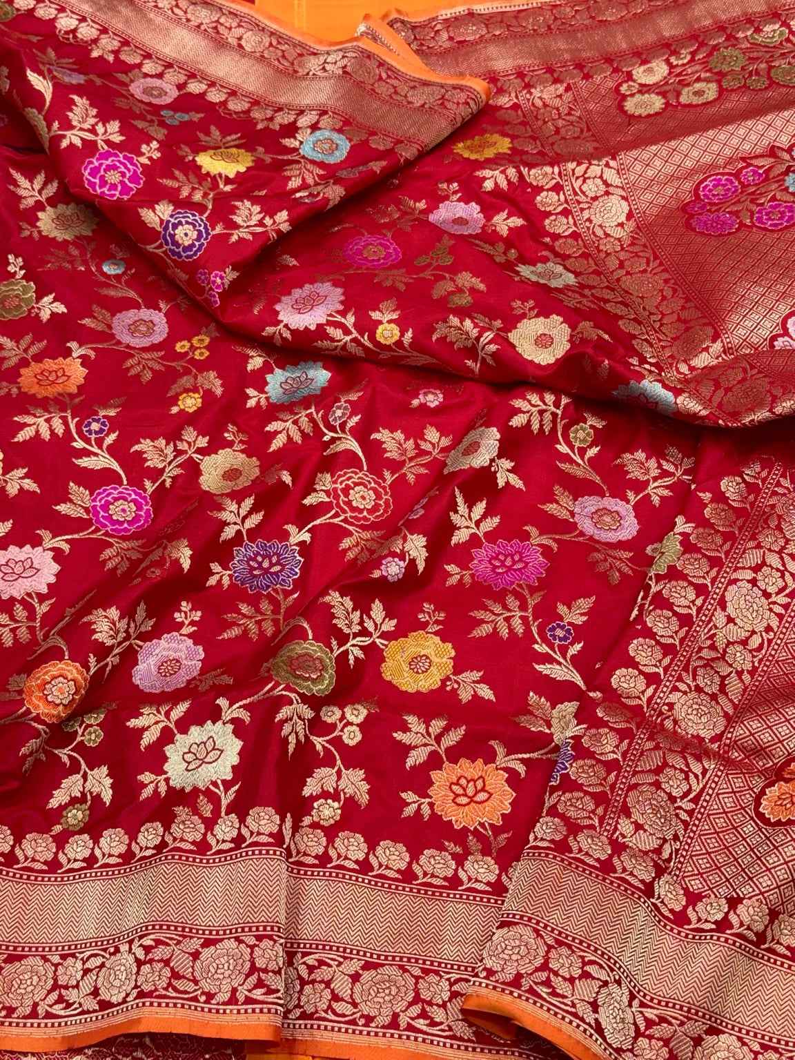 Red Pure Katan Silk & Pure Mulberry Silk Authentic Premium Banarasi Saree - Kadhwa Technique