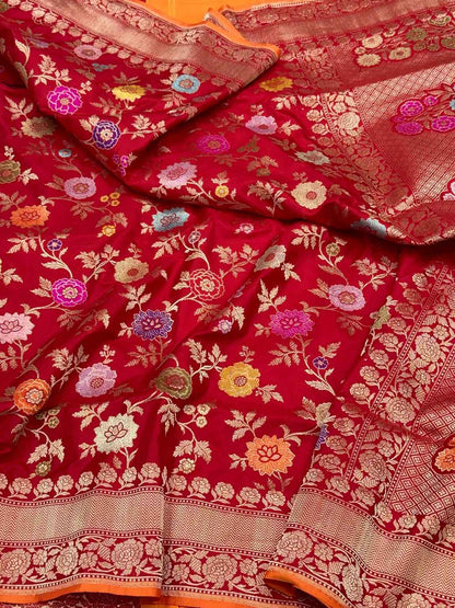 Red Pure Katan Silk & Pure Mulberry Silk Authentic Premium Banarasi Saree - Kadhwa Technique