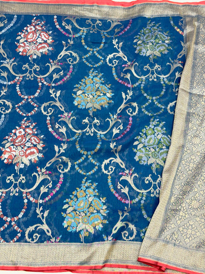 Blue Pure Muslin Cotton Jamdani Ektara Weave Handloom Banarsi Saree