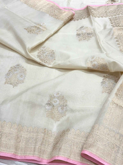 Off White Pure Kora Silk & Pure Mulberry Silk Handwoven Banarasi Saree