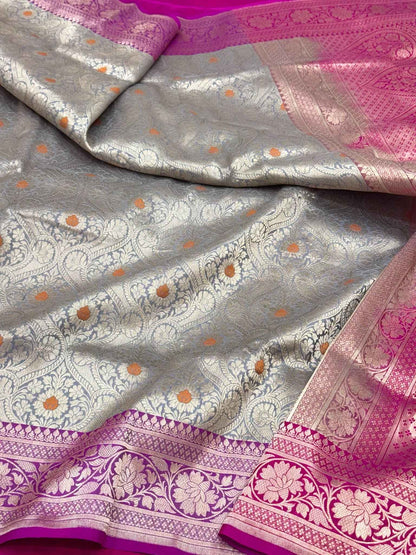 Ash Gray Pure Katan Silk & Pure Mulberry Silk Handloom Banarasi Brocade Saree