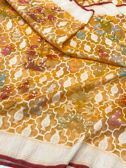 Mustard Yellow Pure Muslin Cotton & Tissue Jamdani | Ektara Weave | Handloom Banarasi Saree